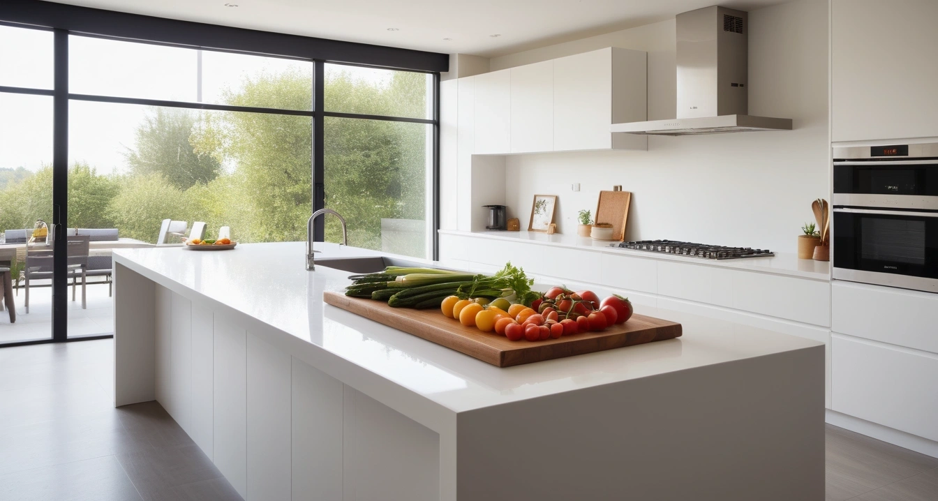 유산균 - 고온기 면역력 강화를 위한 올바른 유산균 선택 기준 (concept of Lactobacillus, a pristine modern kitchen island, fresh vegetables, aesthetic coffee maker, no people)