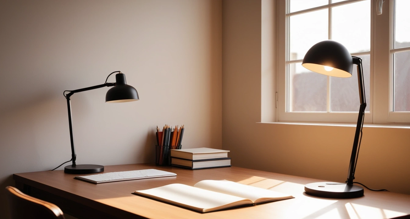 마그네슘 - 마그네슘 결핍 증상과 수면 장애의 상관관계 (concept of magnesium, a neatly organized modern study desk, warm desk lamp, no people)