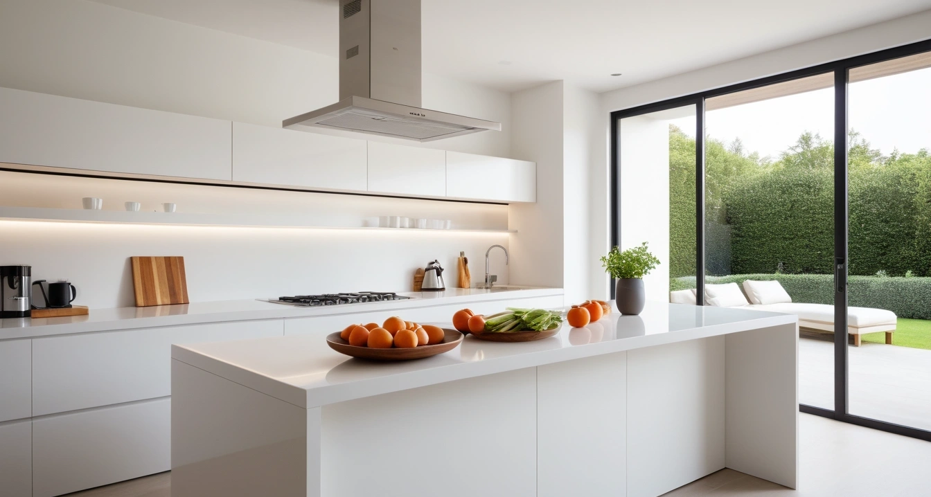 마그네슘 - 성공적인 수면을 위한 영양제 복합 시너지 (concept of magnesium, a pristine modern kitchen island, fresh vegetables, aesthetic coffee maker, no people)