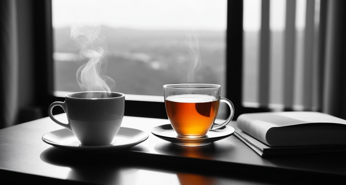 남성 갱년기 - 스마트폰 건강 기록 앱을 활용한 일상 관리 루틴 (concept of male menopause, close-up of a modern digital thermometer and a warm cup of herbal tea, health recovery, no people)
