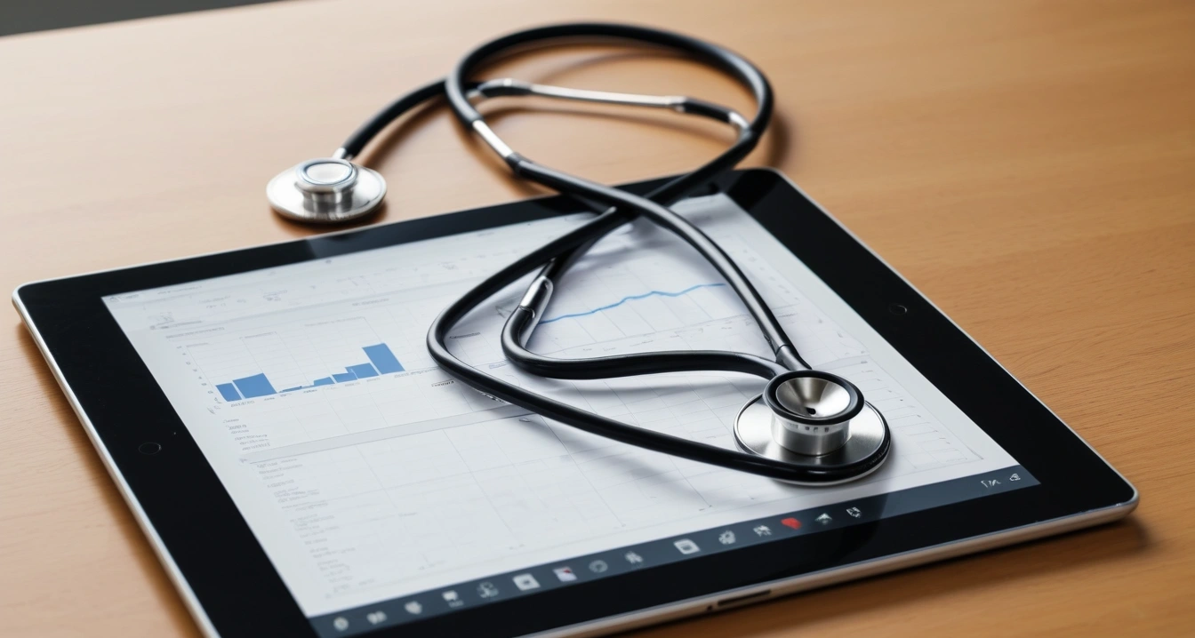 우울증 - 디지털 기기의 배터리 효율과 정신적 회복탄력성 (concept of melancholia, a professional medical stethoscope resting on a digital tablet displaying health data, no people)