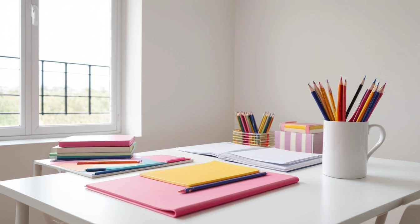멘탈케어 - AI 감정 분석 챗봇의 상담 로직 오류 (concept of Mental care, a clean minimalist workspace, organized colorful stationery, productivity aesthetic, no people)