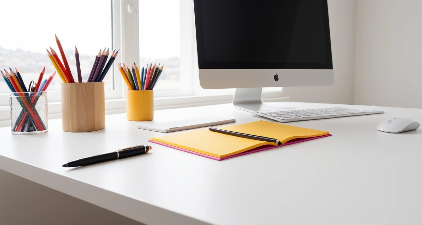 멘탈케어 - 멘탈 트레이닝 전자책 매뉴얼의 맹신 (concept of Mental care, a clean minimalist workspace, organized colorful stationery, productivity aesthetic, no people)