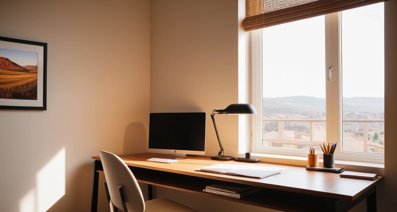 멘탈케어 - 웨어러블 기기 데이터와 멘탈케어의 상관관계 (concept of Mental care, a neatly organized modern study desk, warm desk lamp, no people)