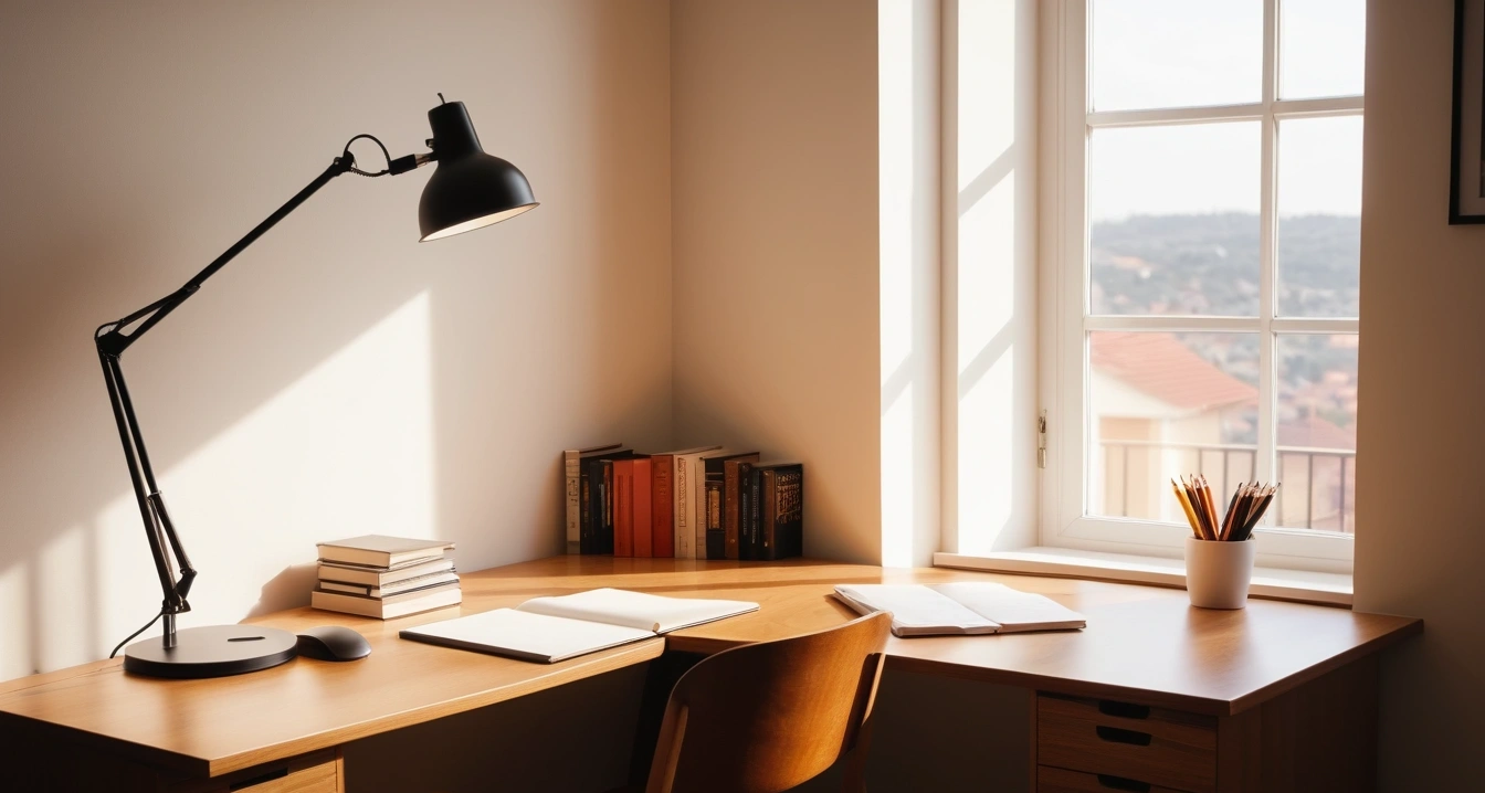 멘탈케어 - 디지털 전자약 멘탈케어의 기술적 오용과 결과 (concept of Mental care, a neatly organized modern study desk, warm desk lamp, no people)