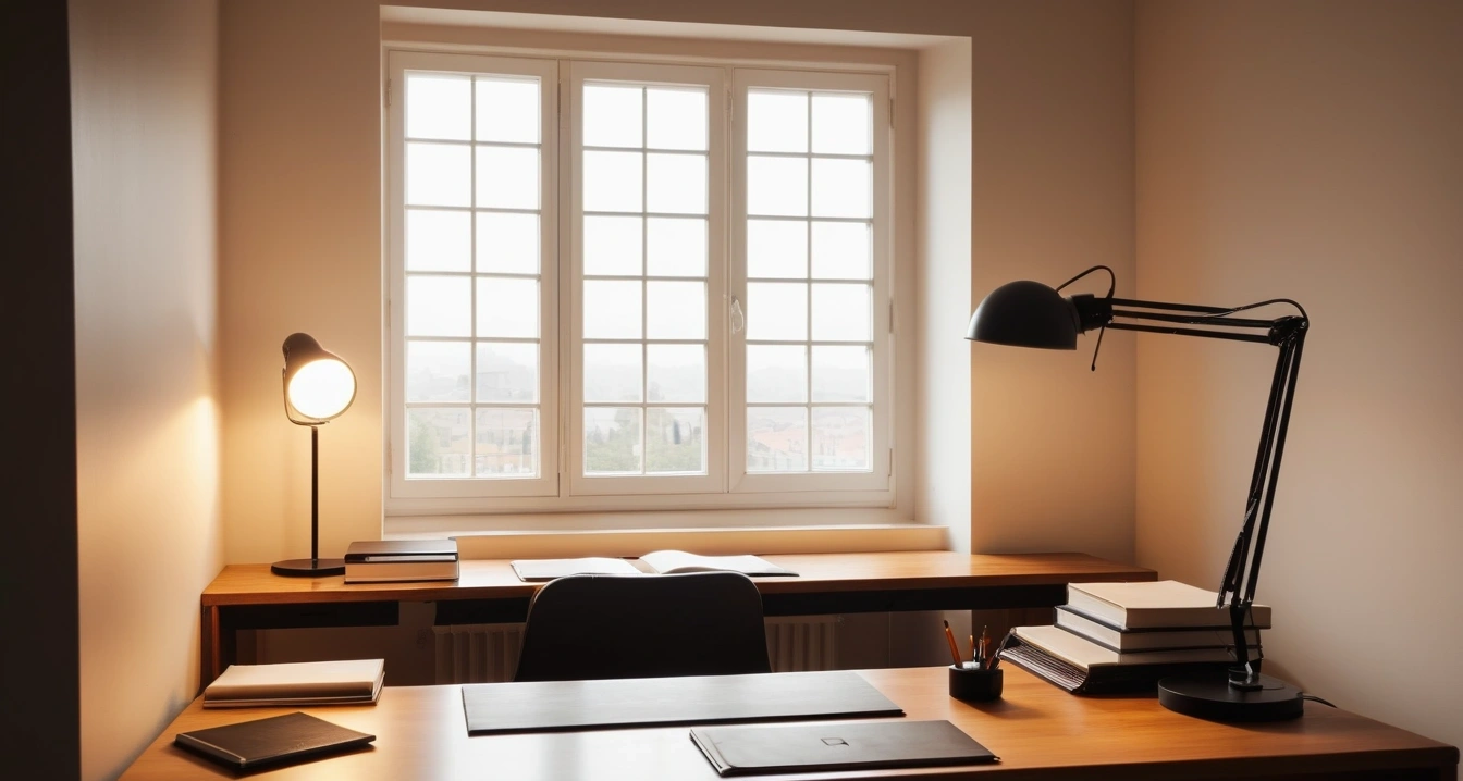 멘탈케어 - 일상생활 무너뜨리는 멘탈케어 부채의 누적 (concept of Mental care, a neatly organized modern study desk, warm desk lamp, no people)