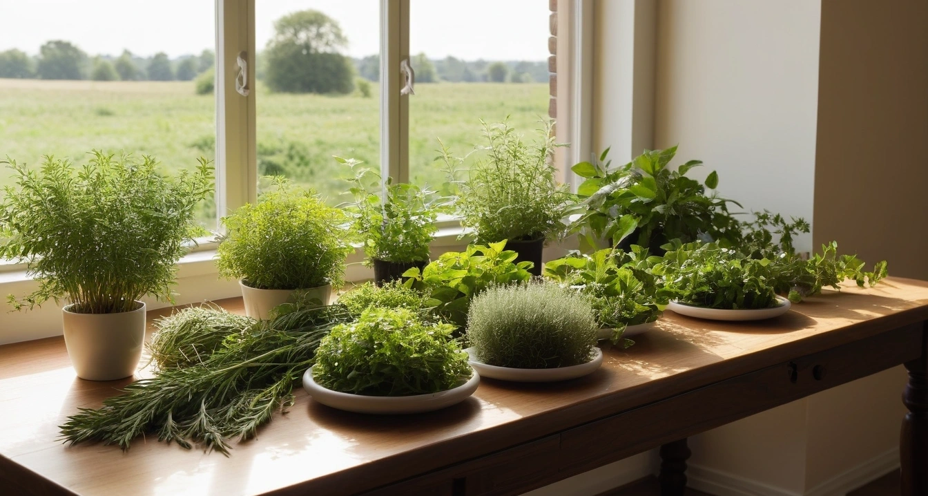 정신 건강 - 정신 건강을 위한 홈트레이닝 및 스트레칭 루틴 (concept of mental health, a pristine bright herbal medicine preparation table, fresh green healing herbs, no people)