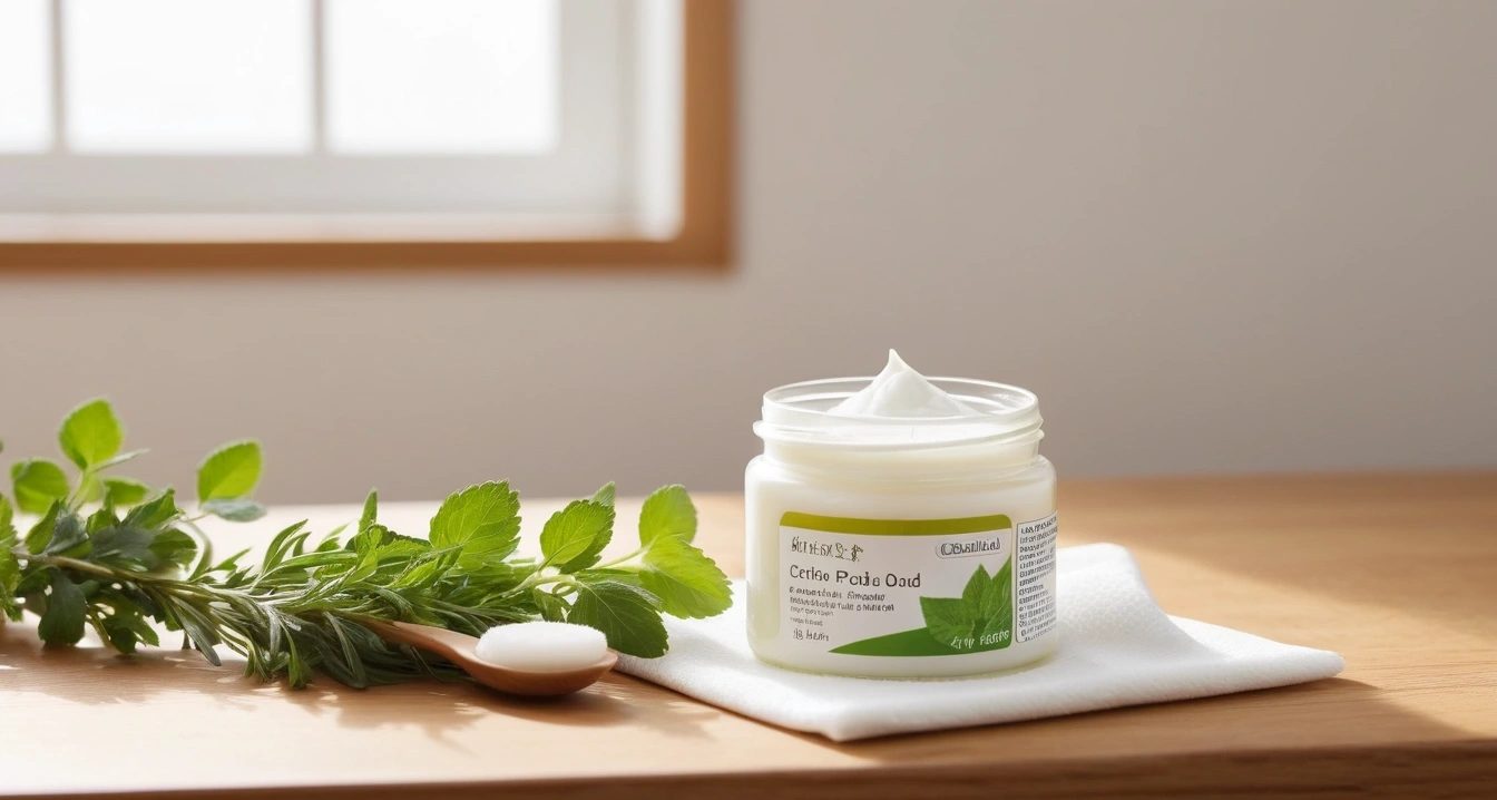 알레르기 비염 - 업무 중 활용하는 환기 시스템과 공기청정기 전략 (concept of Mild skin care cream and soft cotton pad for rhinitis, a pristine bright herbal medicine preparation table, fresh green healing herbs, no people)