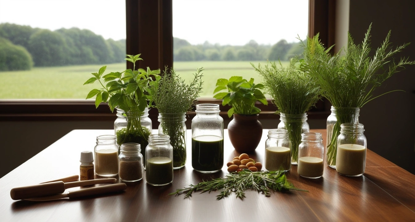 수분 흡수 영양제 - 현대인을 위한 맞춤형 수분 영양제 큐레이션 (concept of moisture absorbing supplement, a pristine bright herbal medicine preparation table, fresh green healing herbs, no people)