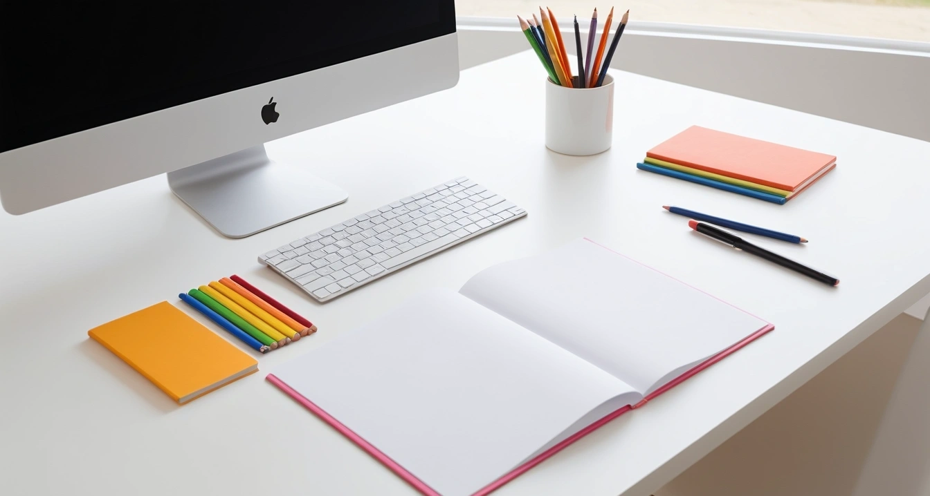 종합비타민 - 항생제와 종합 비타민 사이의 시간차 전략 (concept of multivitamin, a clean minimalist workspace, organized colorful stationery, productivity aesthetic, no people)