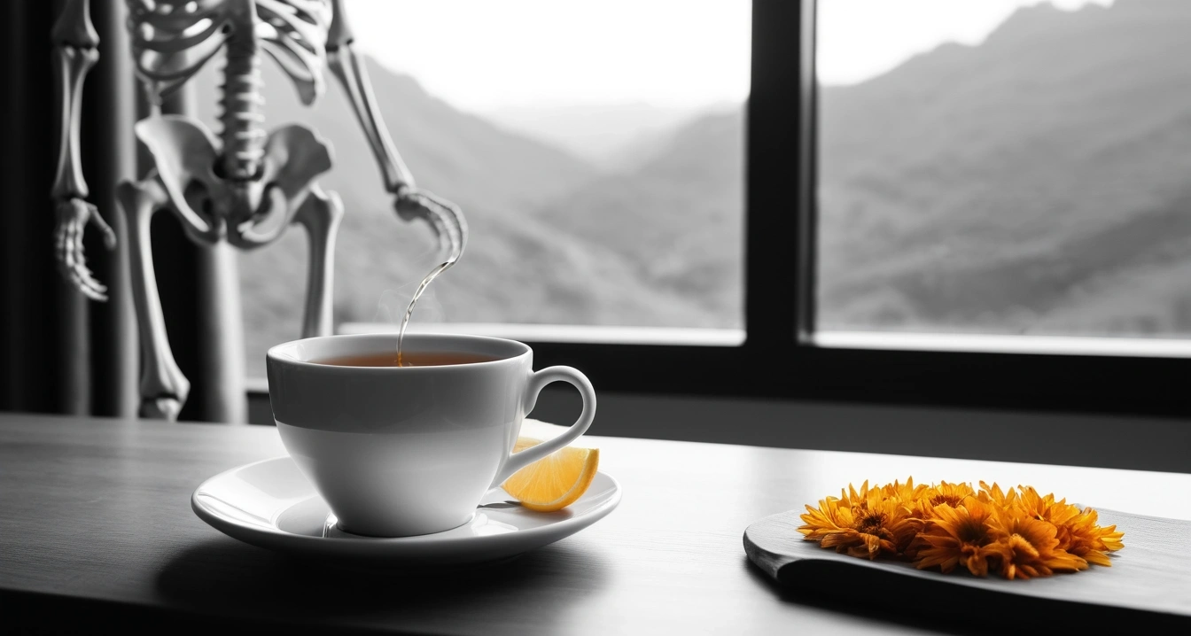 근골격계 - 건강검진 지원 및 사전 관리 교육 (concept of musculoskeletal system, close-up of a modern digital thermometer and a warm cup of herbal tea, health recovery, no people)