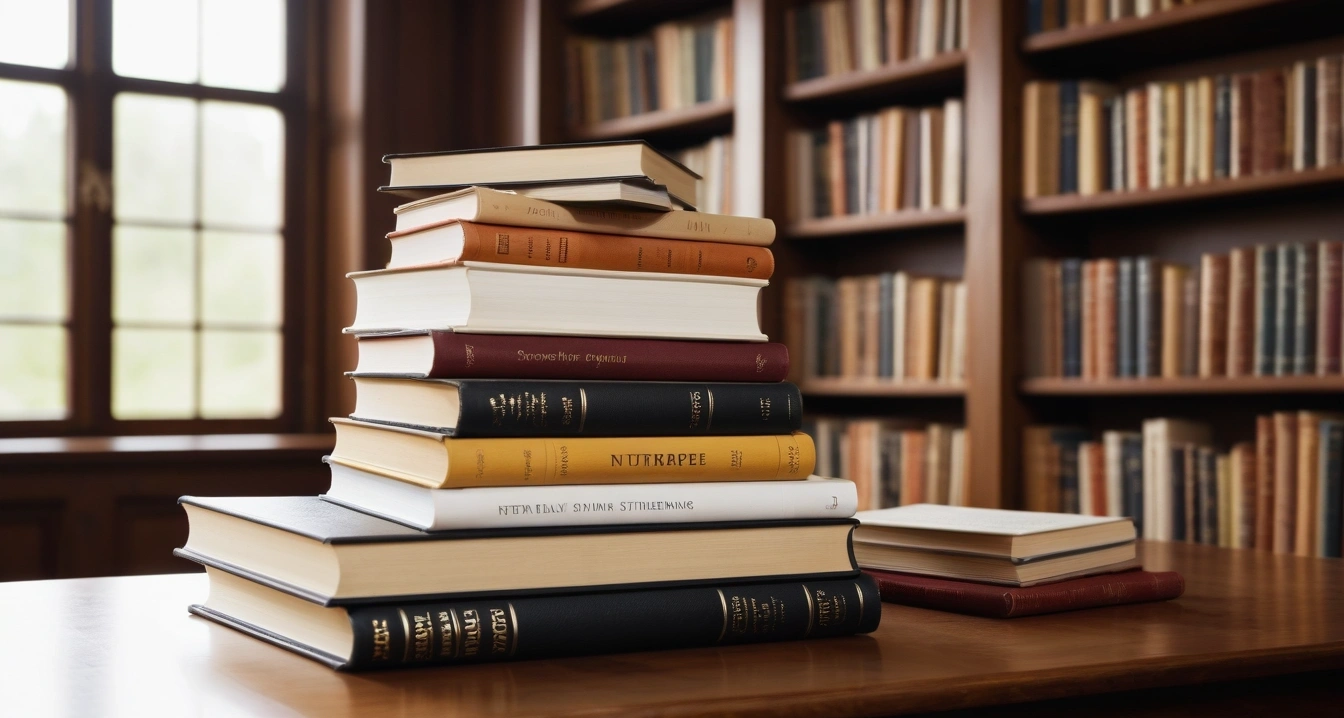 영양제 - 종합비타민과 미네랄 간의 길항작용 오류 (concept of nutritional supplements, a beautifully arranged stack of classic literature books, elegant library table, no people)