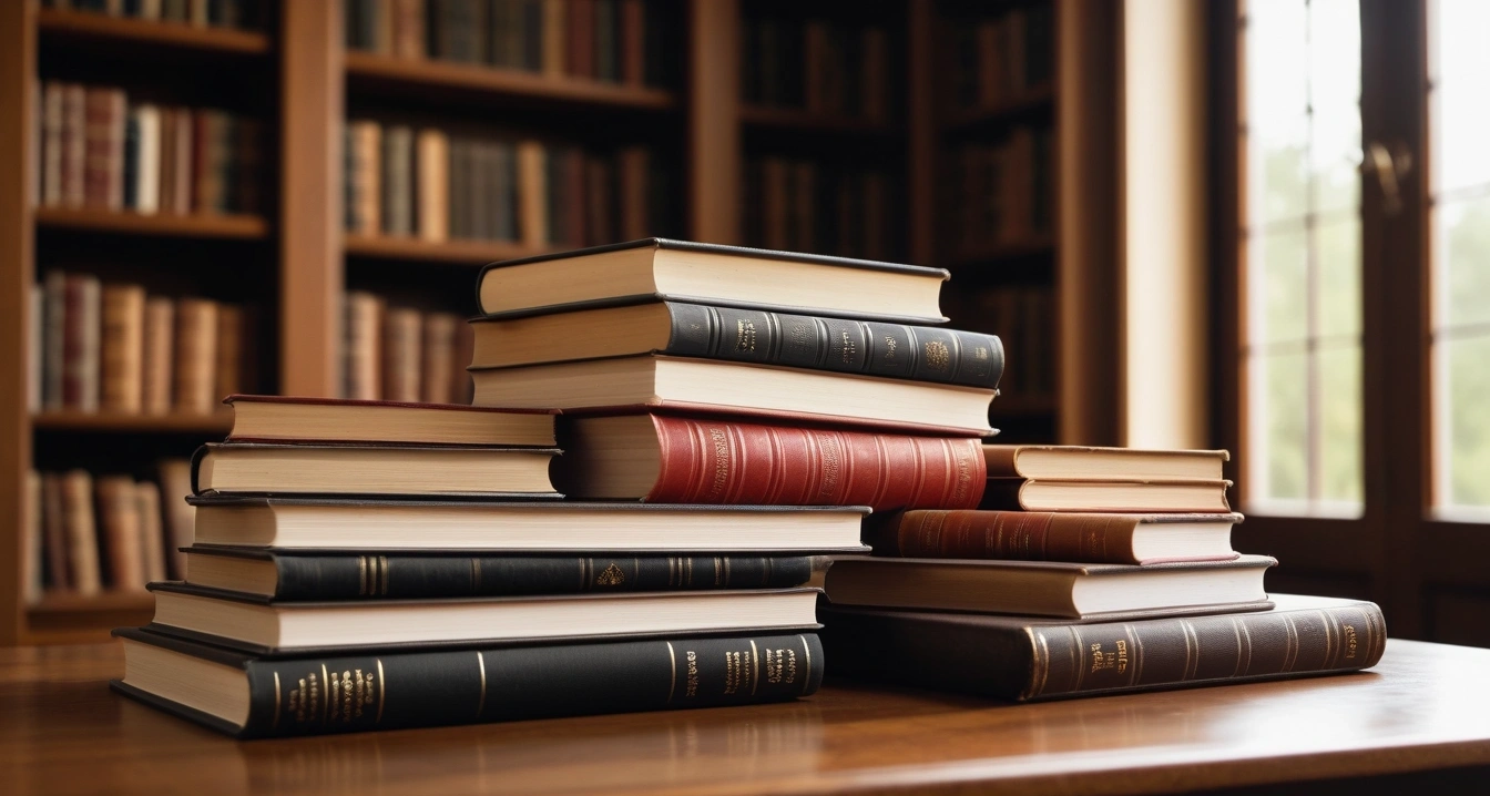 영양제 - 피로 회복을 위한 비타민 B군 영양제 (concept of nutritional supplements, a beautifully arranged stack of classic literature books, elegant library table, no people)
