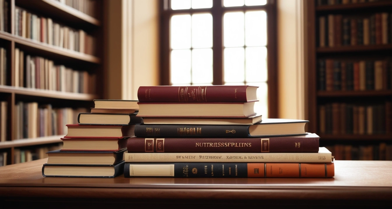 영양제 - 렌터카 여행 시 피로도를 낮추는 미네랄 워터와 마그네슘 전략 (concept of nutritional supplements, a beautifully arranged stack of classic literature books, elegant library table, no people)