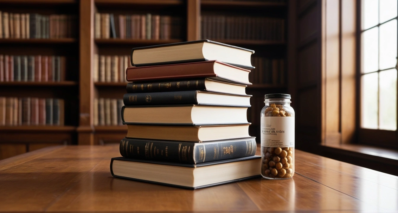영양제 - 개인 맞춤형 영양제 최적 조합법 (concept of nutritional supplements, a beautifully arranged stack of classic literature books, elegant library table, no people)