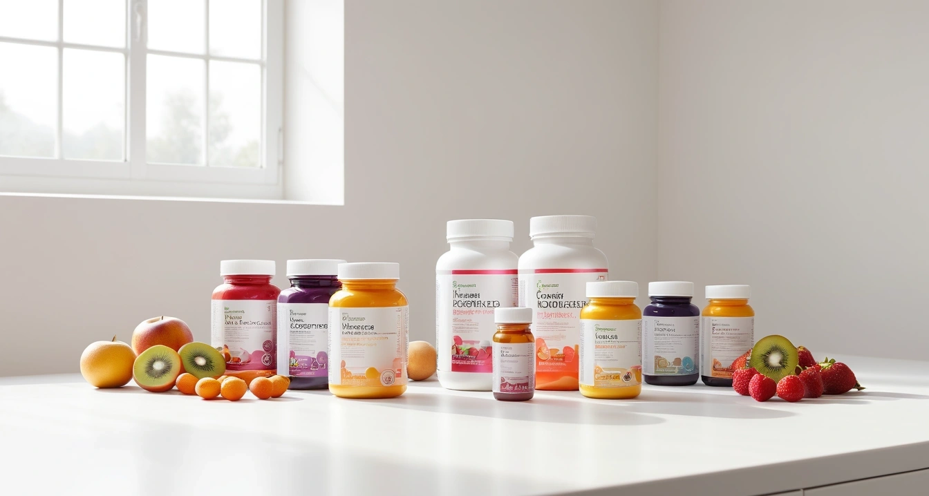 영양제 - 상비약 보관함의 적정 습도 유지 전략 (concept of nutritional supplements, a clean minimalist workspace, organized colorful stationery, productivity aesthetic, no people)