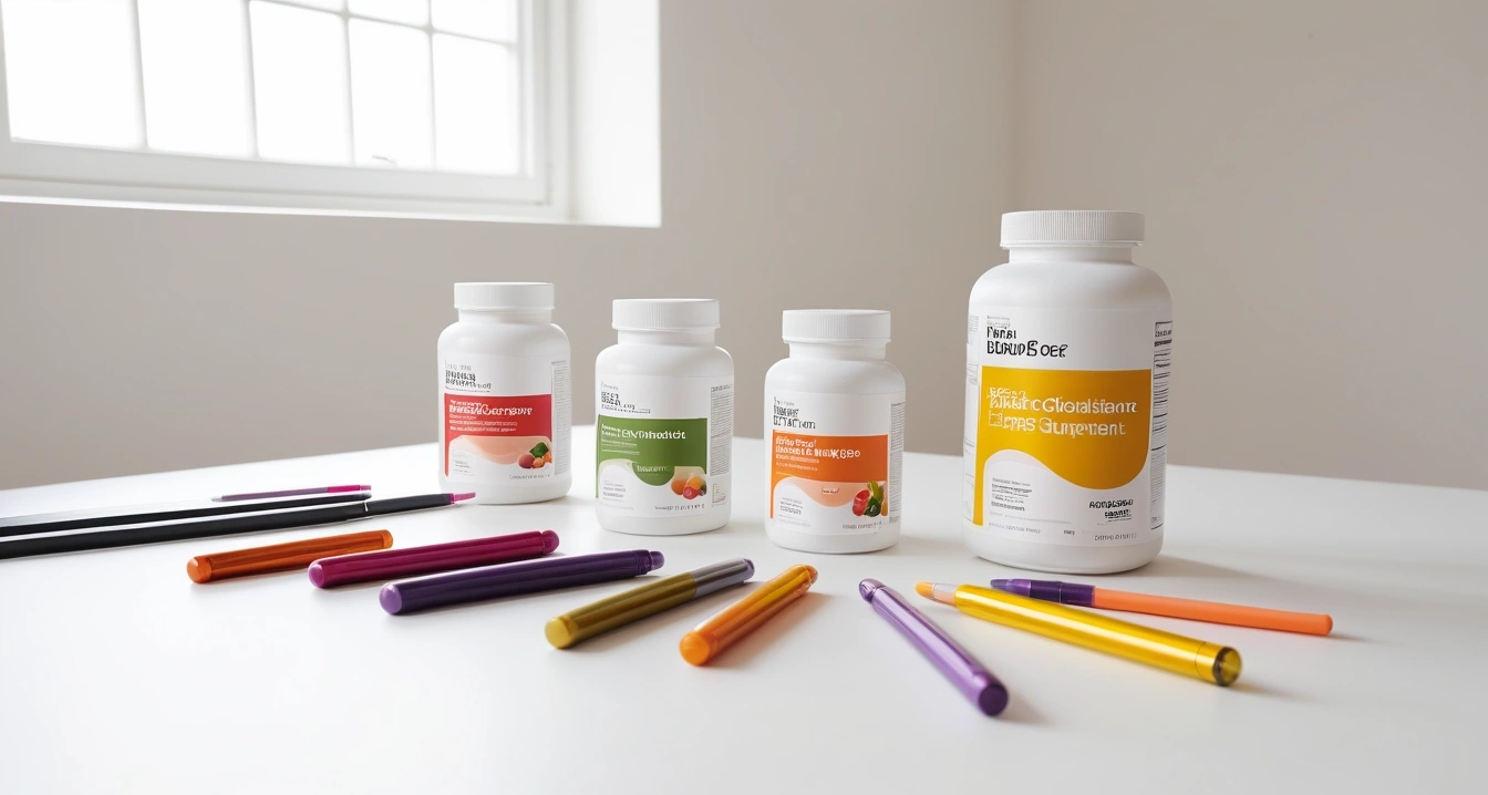 영양제 - 약국 상담 시 호갱 방지 매뉴얼 (concept of nutritional supplements, a clean minimalist workspace, organized colorful stationery, productivity aesthetic, no people)