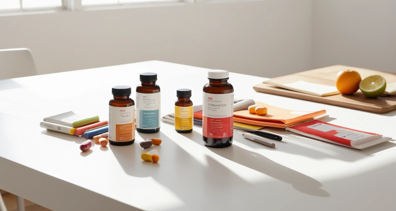영양제 - 직구 플랫폼의 데이터 활용 (concept of nutritional supplements, a clean minimalist workspace, organized colorful stationery, productivity aesthetic, no people)
