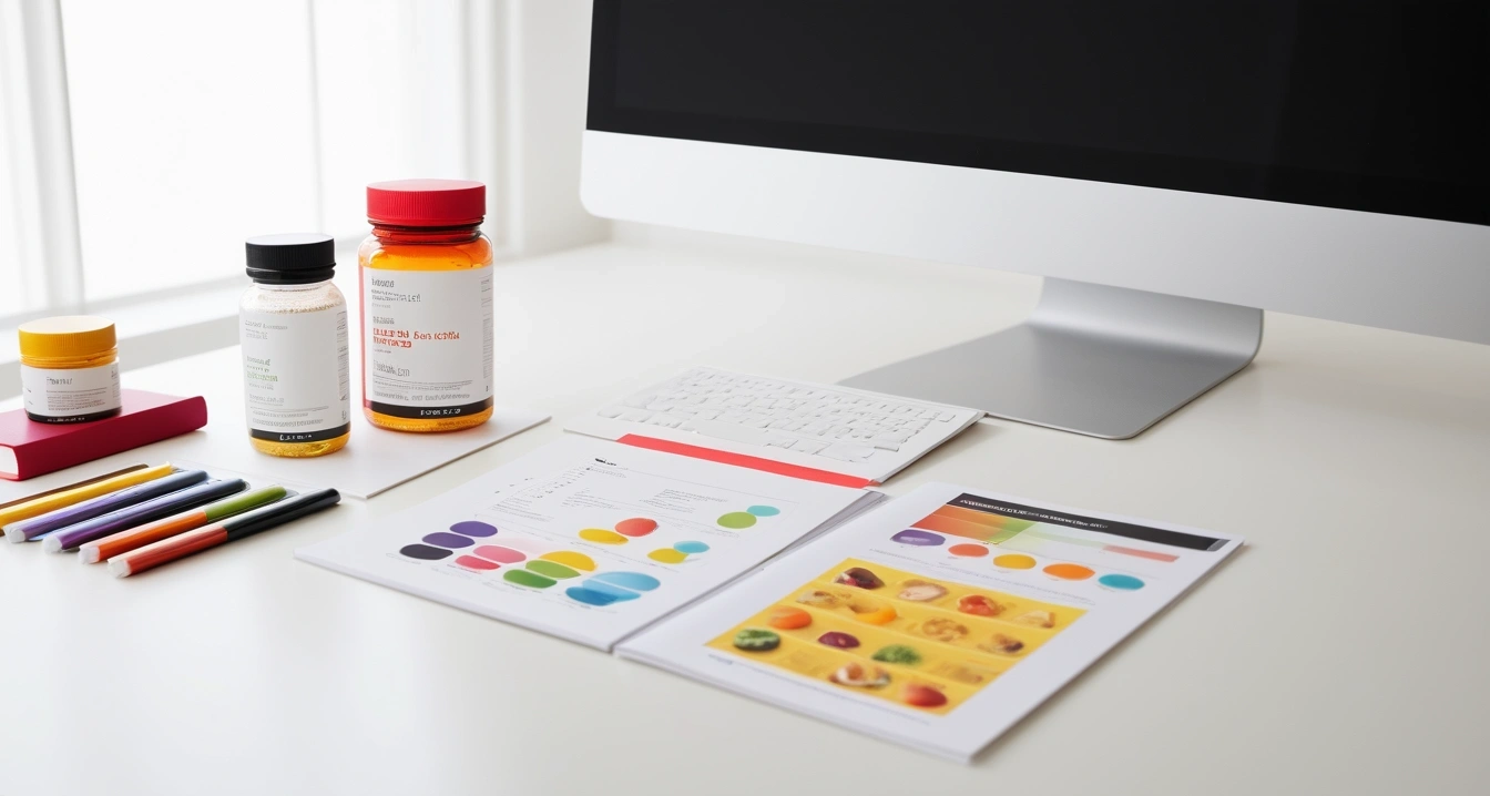 영양제 - 숙면 환경과 스마트폰 블루라이트 (concept of nutritional supplements, a clean minimalist workspace, organized colorful stationery, productivity aesthetic, no people)