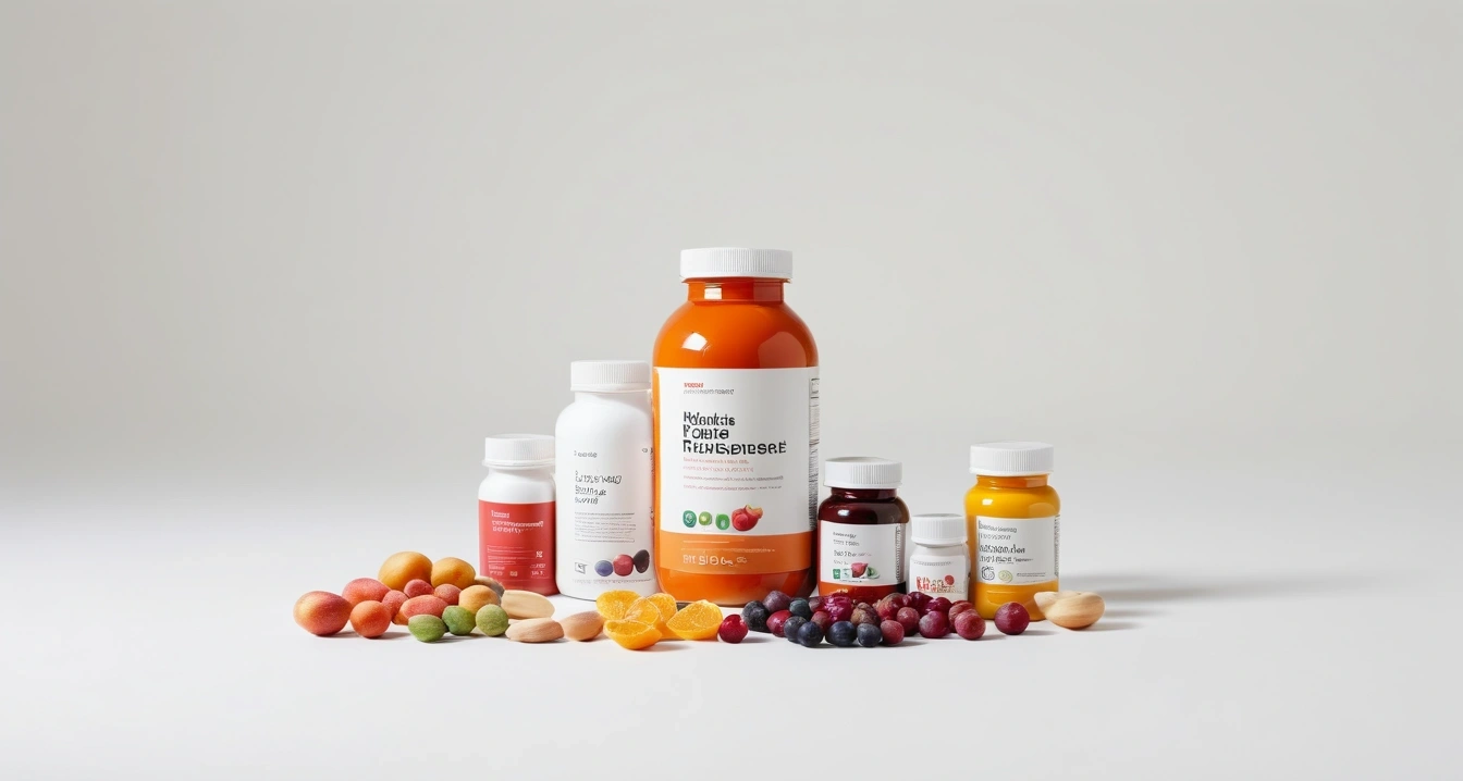 영양제 - 고용량 수용성 비타민과 신장 기능의 관계 (concept of nutritional supplements, a clean minimalist workspace, organized colorful stationery, productivity aesthetic, no people)