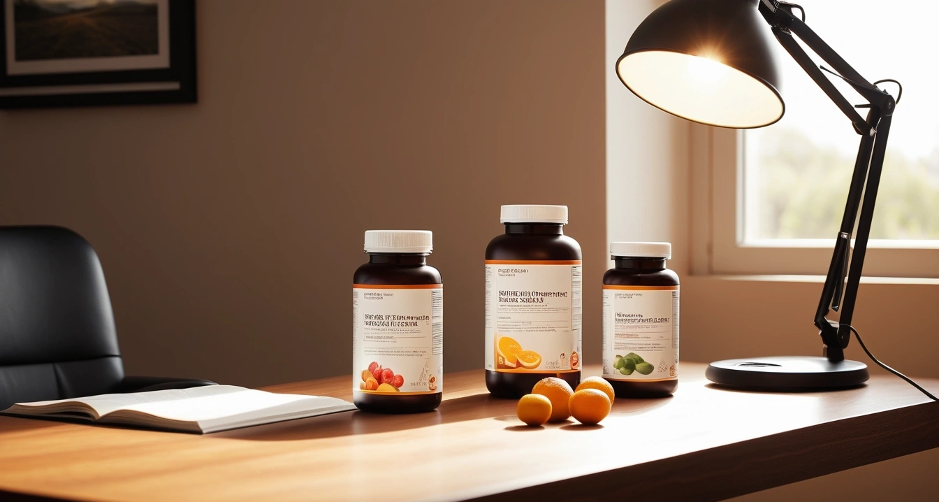 영양제 - 수면 호르몬과 멜라토닌 영양제 (concept of nutritional supplements, a neatly organized modern study desk, warm desk lamp, no people)
