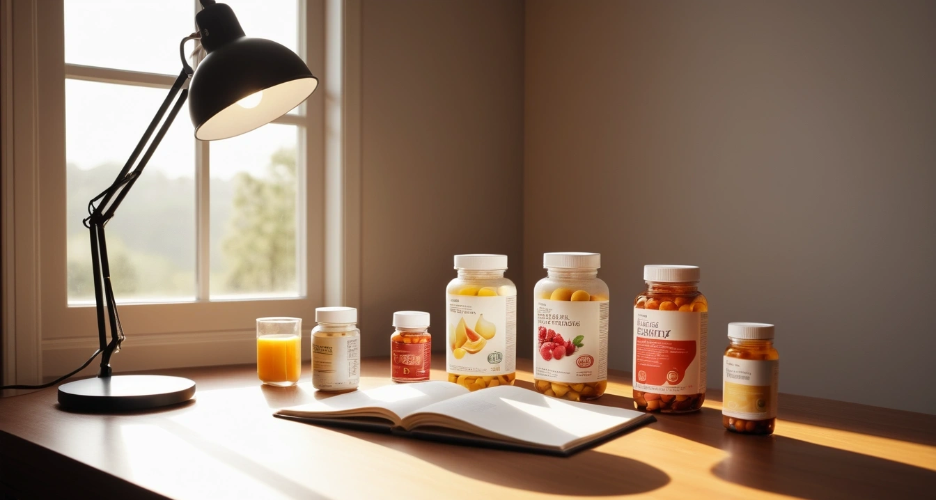 영양제 - 시차 적응을 돕는 스마트폰 앱과 영양제 시너지 (concept of nutritional supplements, a neatly organized modern study desk, warm desk lamp, no people)