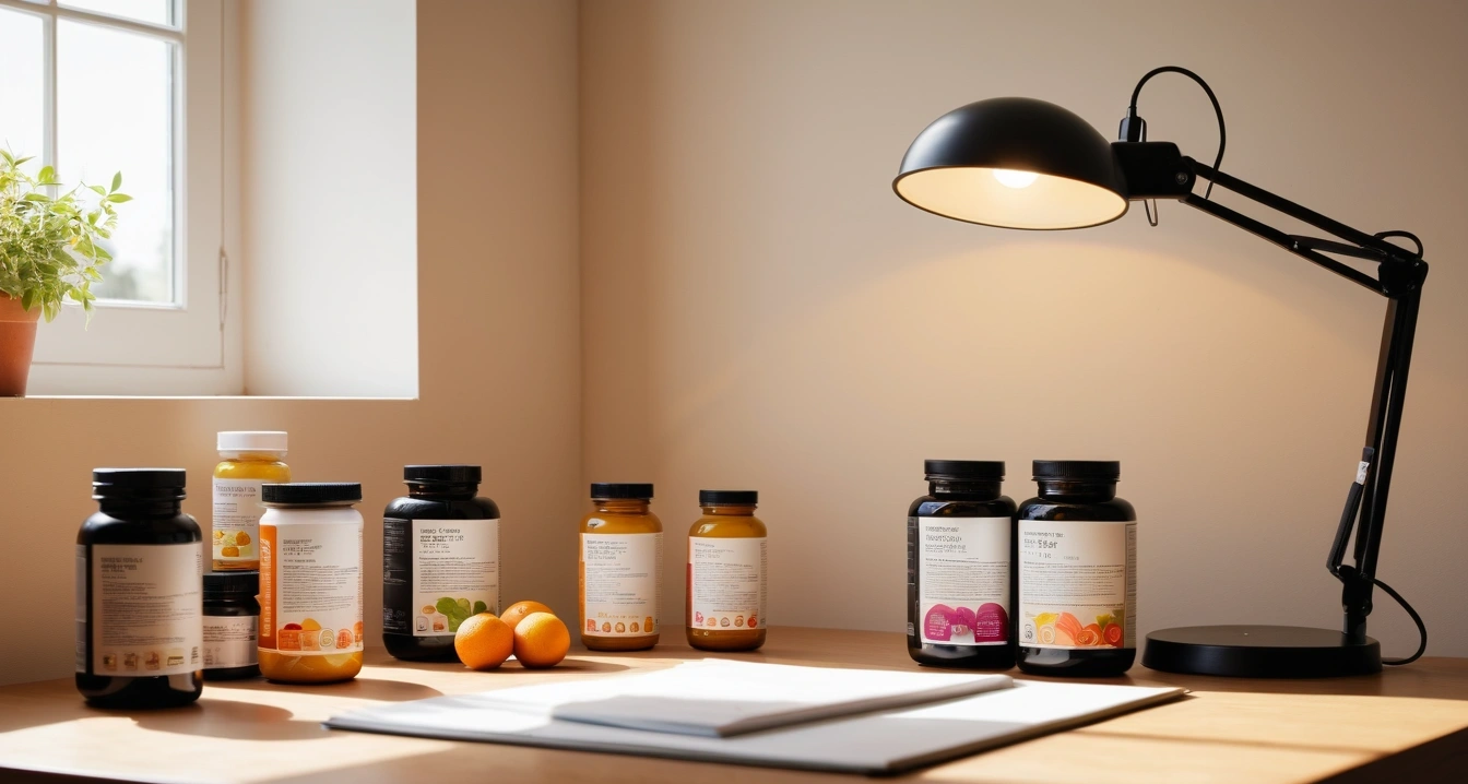 영양제 - 자동차 정기 점검과 같은 영양제 성분 최적화 (concept of nutritional supplements, a neatly organized modern study desk, warm desk lamp, no people)
