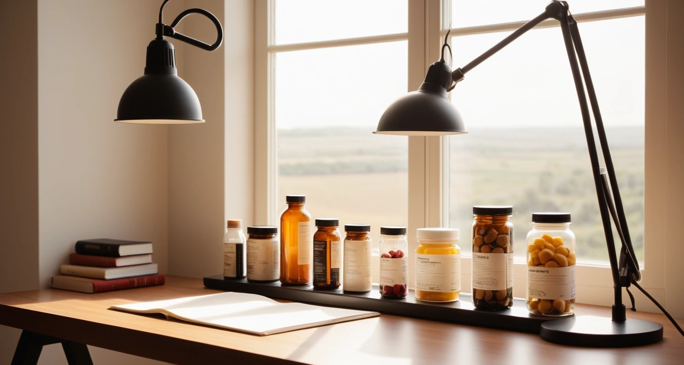영양제 - 가루 및 액상 제형 영양제의 곰팡이 방지법 (concept of nutritional supplements, a neatly organized modern study desk, warm desk lamp, no people)