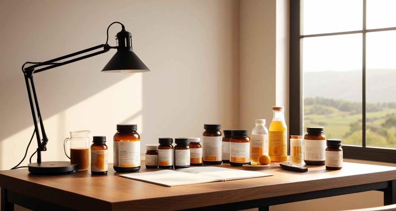 영양제 - 응급실 진료비 대비 영양제 사전 관리의 경제학 (concept of nutritional supplements, a neatly organized modern study desk, warm desk lamp, no people)