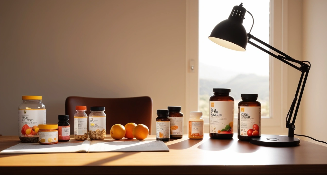 영양제 - 스마트폰 습도계 활용한 영양제 보관 환경 점검 (concept of nutritional supplements, a neatly organized modern study desk, warm desk lamp, no people)