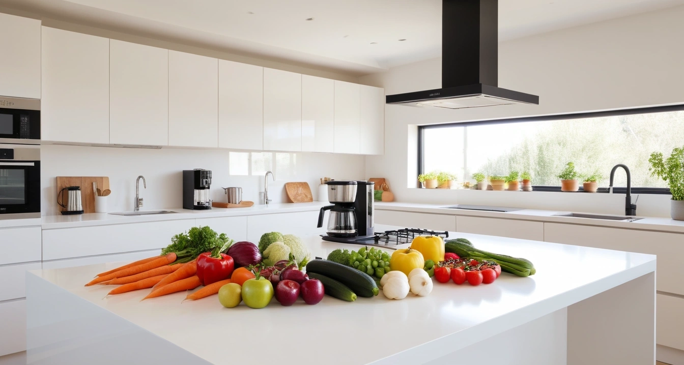 영양제 - 커피와 차 속 카페인의 영양제 방해 기전 (concept of nutritional supplements, a pristine modern kitchen island, fresh vegetables, aesthetic coffee maker, no people)