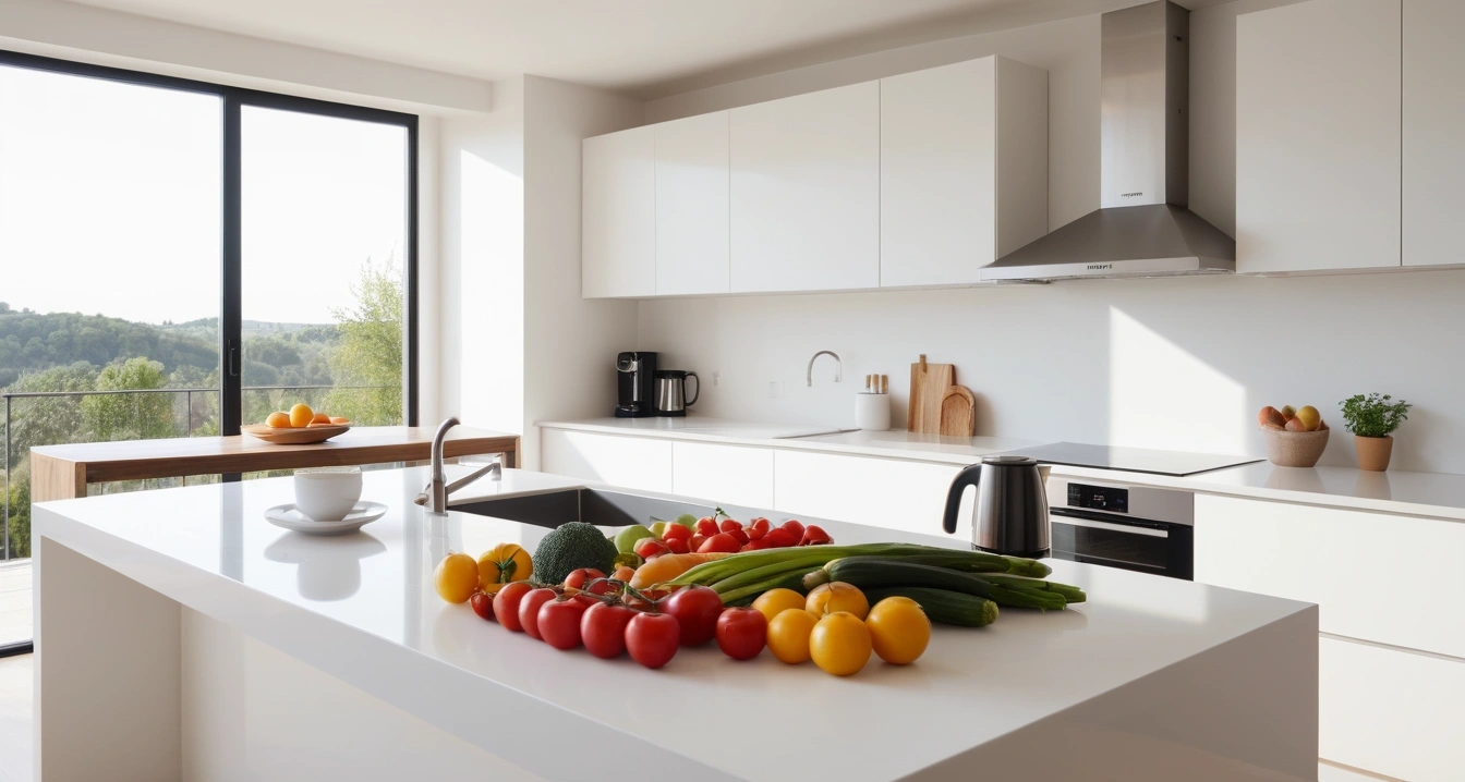 영양제 - 프로바이오틱스 유산균 영양제 (concept of nutritional supplements, a pristine modern kitchen island, fresh vegetables, aesthetic coffee maker, no people)