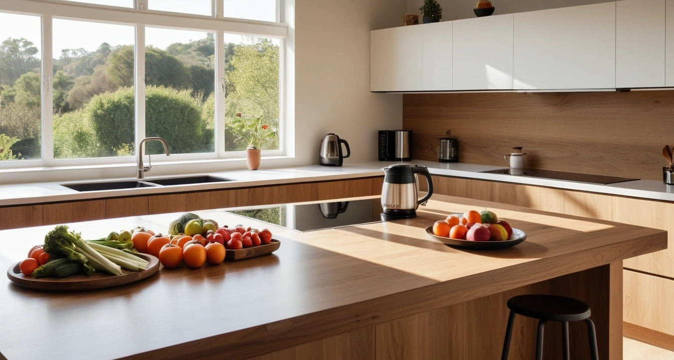 영양제 - 상호작용을 고려한 영양제 조합 (concept of nutritional supplements, a pristine modern kitchen island, fresh vegetables, aesthetic coffee maker, no people)