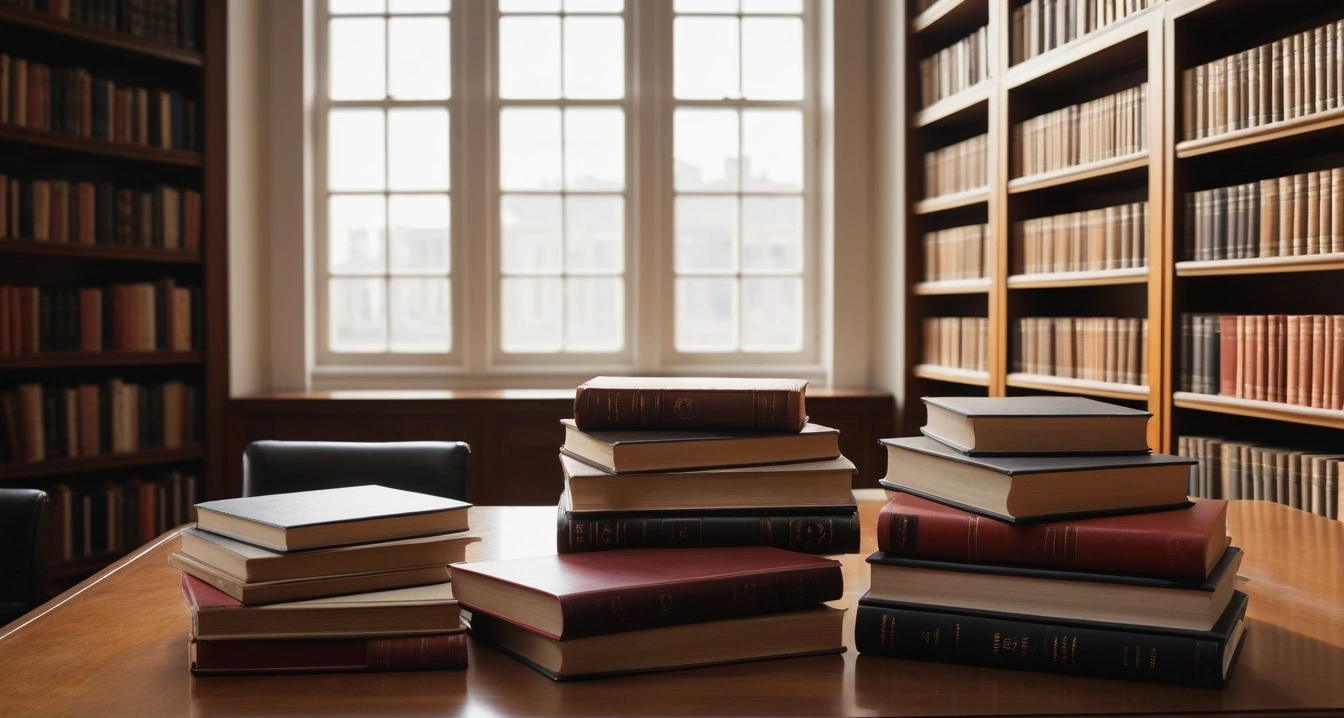 직장인 - 사내 인트라넷 교육 프로그램 활용 (concept of office worker, a beautifully arranged stack of classic literature books, elegant library table, no people)