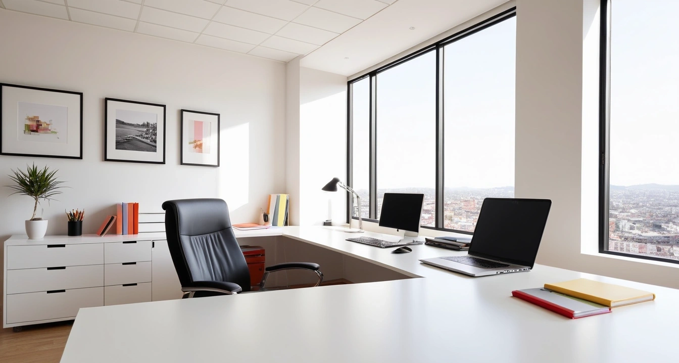 직장인 - 노트북 및 업무 디바이스 상태 점검 (concept of office worker, a clean minimalist workspace, organized colorful stationery, productivity aesthetic, no people)