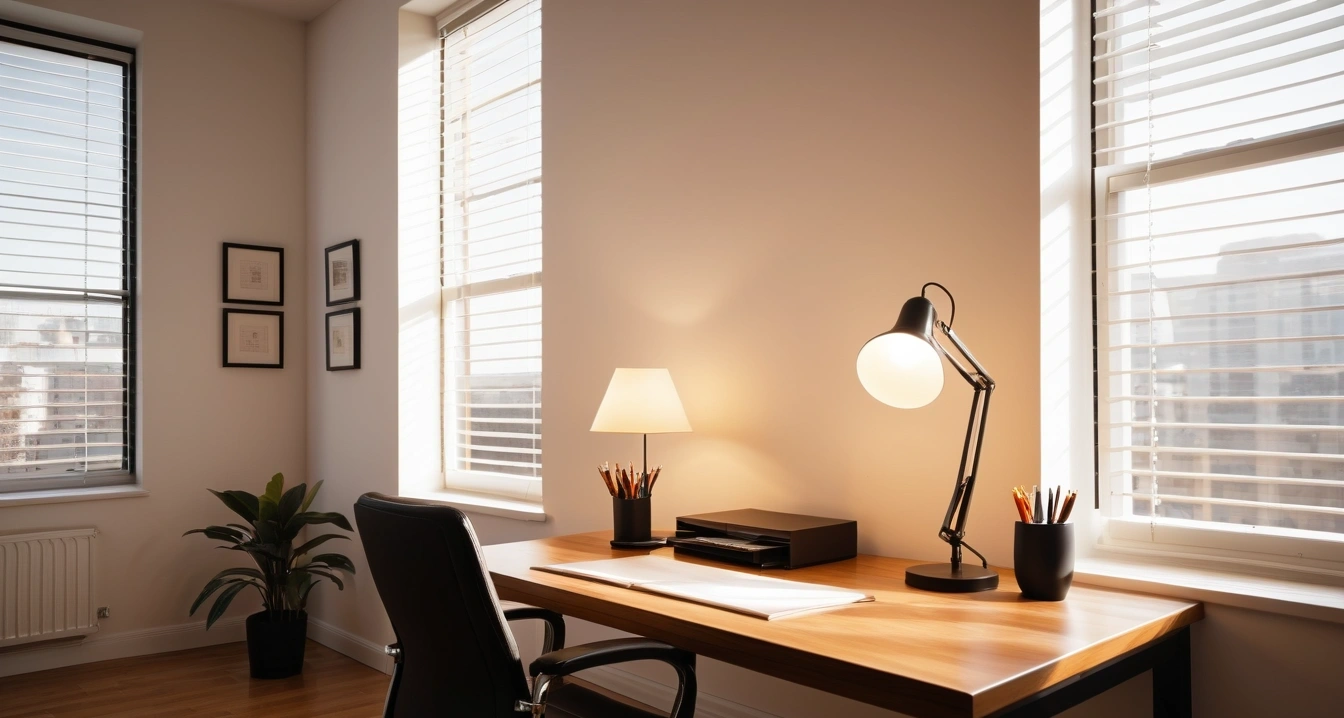 직장인 - 건강검진 결과지 속 수치 분석 (concept of office worker, a neatly organized modern study desk, warm desk lamp, no people)