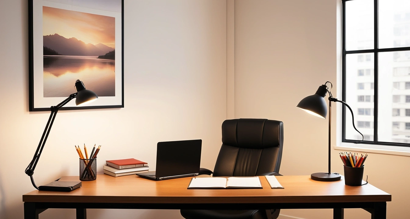 직장인 - 최신형 커피 머신과 카페인 섭취 골든타임 (concept of office worker, a neatly organized modern study desk, warm desk lamp, no people)