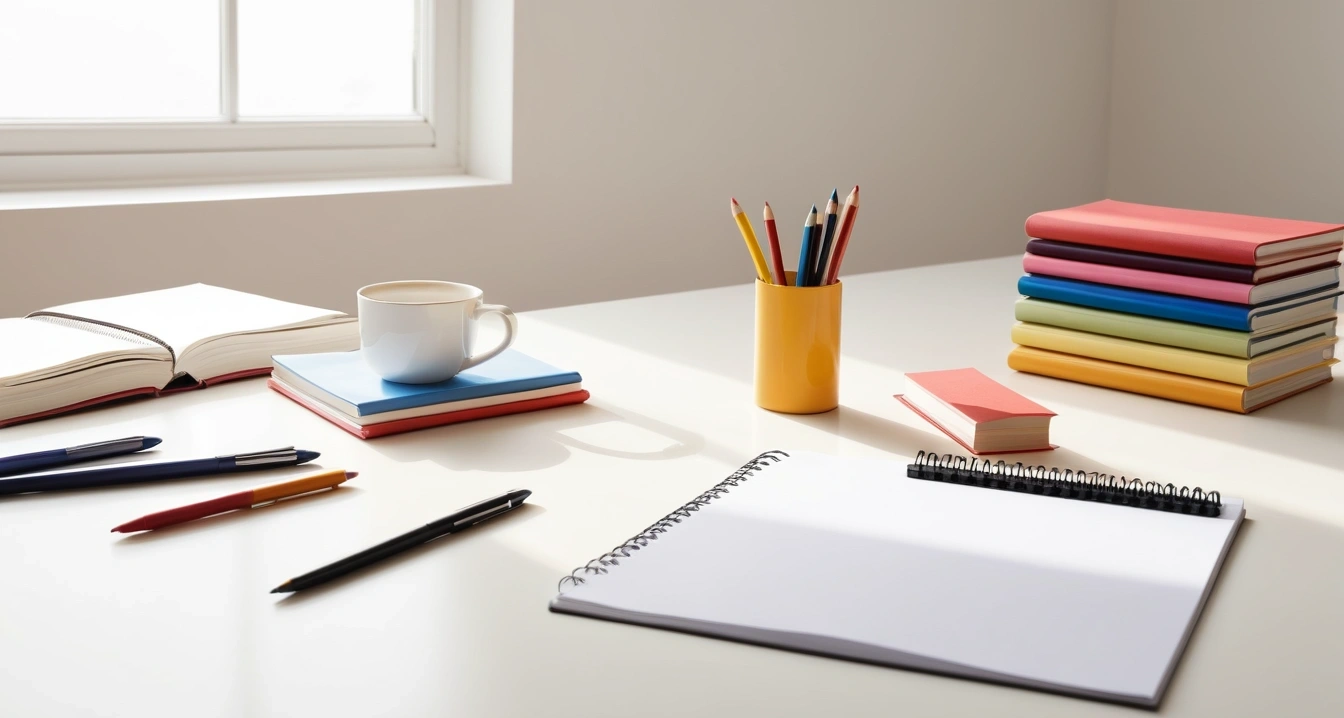 오메가3 - 끈적이는 날씨 속 오메가3 캡슐 관리법 (concept of Omega 3, a clean minimalist workspace, organized colorful stationery, productivity aesthetic, no people)