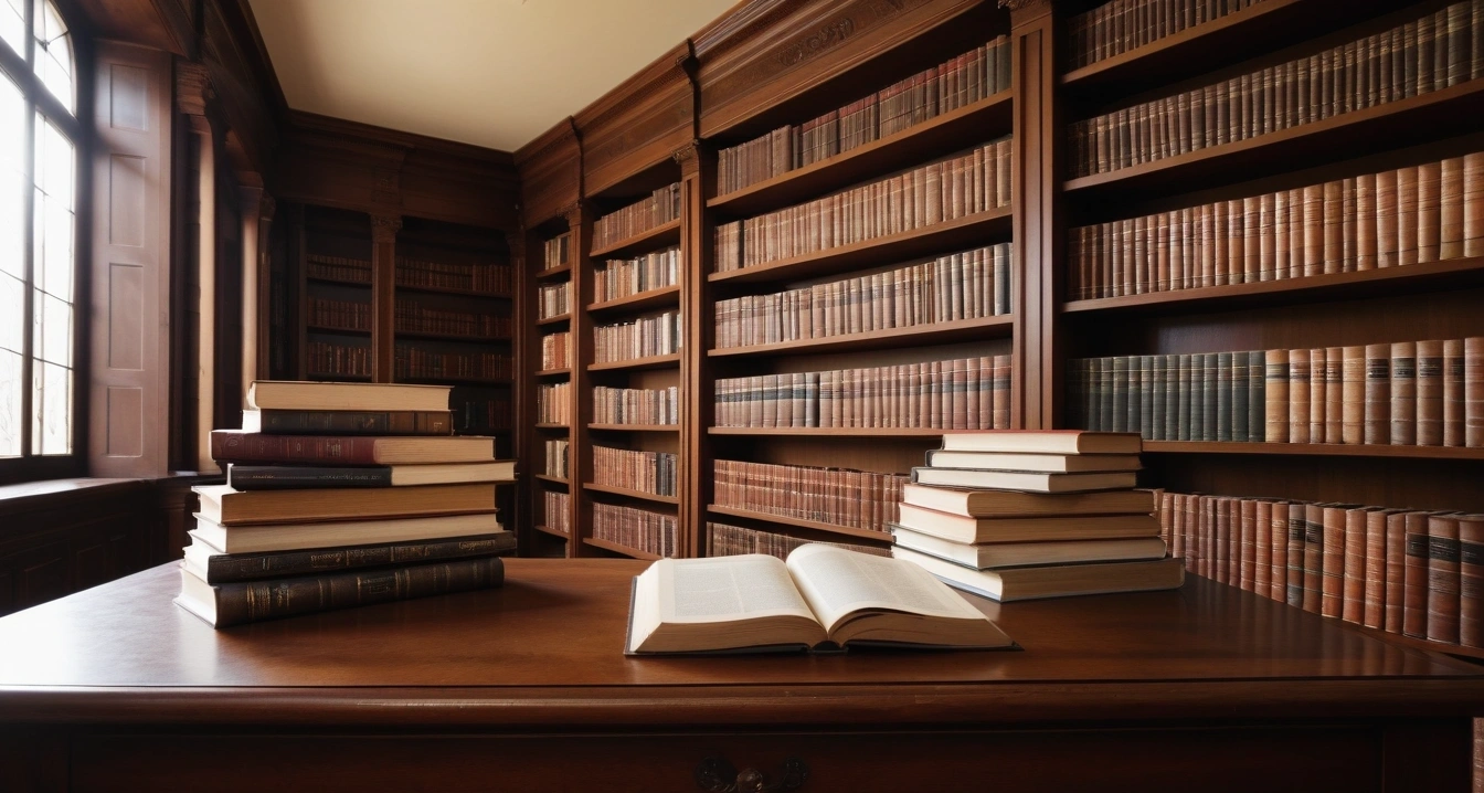 약국 - 혈압 관리 건강기능식품 구매 경로 비교 (concept of pharmacy, a beautifully arranged stack of classic literature books, elegant library table, no people)