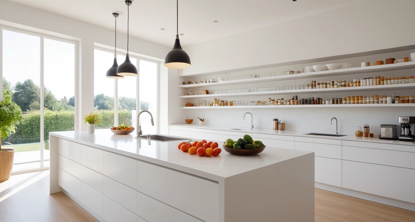 약국 - 약국 이용 시 결제 카드 혜택 최적화 (concept of pharmacy, a pristine modern kitchen island, fresh vegetables, aesthetic coffee maker, no people)