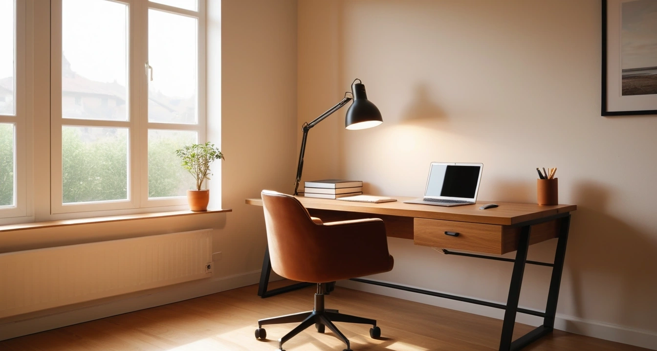 심리상담 - 기업 복지 포인트와 금융권 심리상담 멤버십 (concept of Psychological counseling, a neatly organized modern study desk, warm desk lamp, no people)
