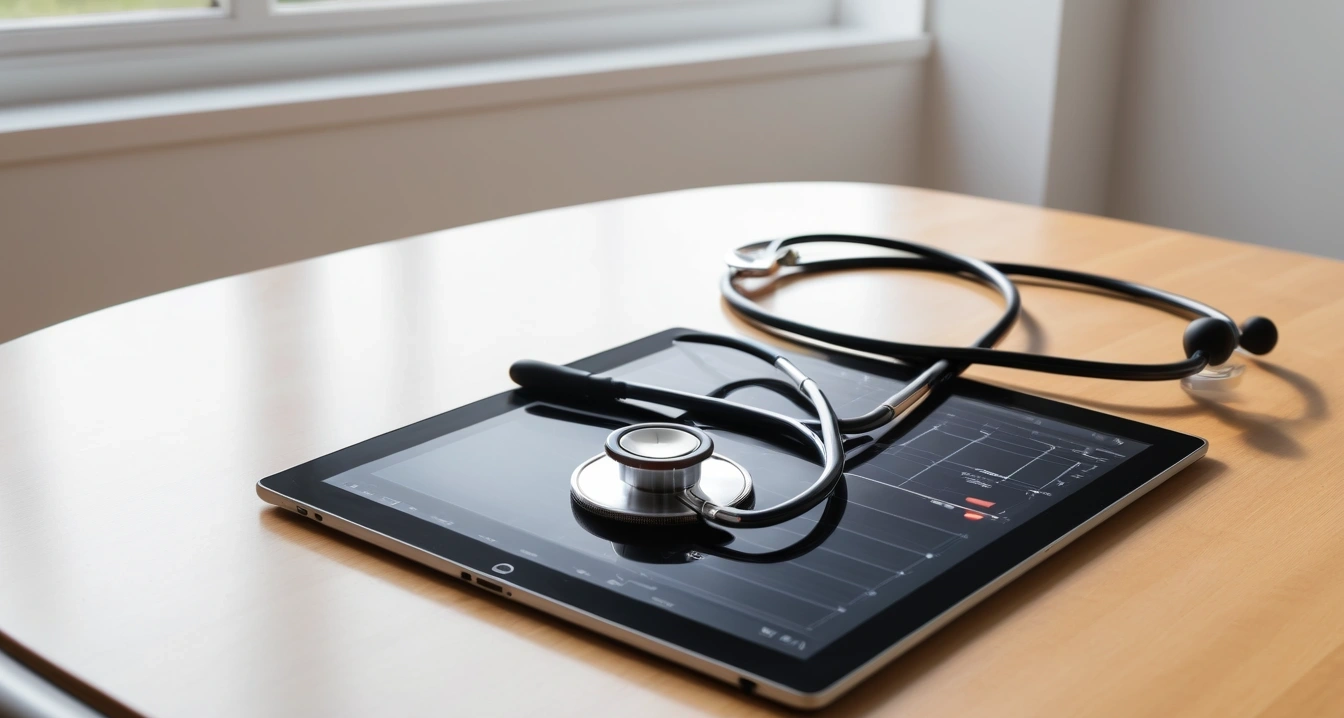 재활 스트레칭 - 재활 스트레칭 기구 사용의 맹점 (concept of rehabilitation stretching, a professional medical stethoscope resting on a digital tablet displaying health data, no people)