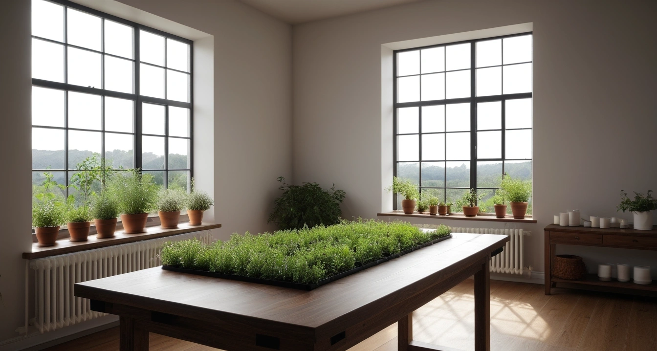 재활 스트레칭 - 관절 건강을 망치는 재활 스트레칭의 오해 (concept of rehabilitation stretching, a pristine bright herbal medicine preparation table, fresh green healing herbs, no people)