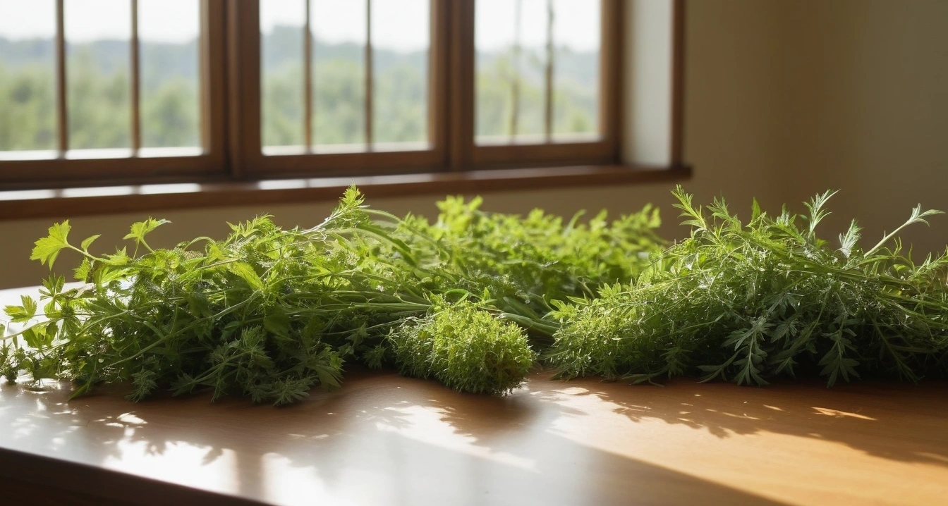 비염 - 환절기 비염 방치와 만성 비염의 악순환 고리 (concept of rhinitis, a pristine bright herbal medicine preparation table, fresh green healing herbs, no people)