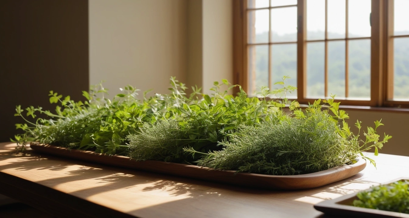 비염 - 이비인후과 정밀 검진과 전문 관리 센터비 절감 전략 (concept of rhinitis, a pristine bright herbal medicine preparation table, fresh green healing herbs, no people)
