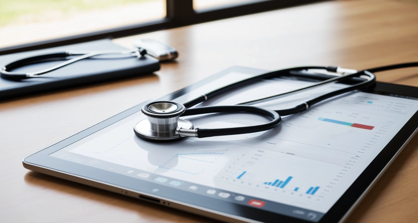스케일링 - 모바일 앱을 활용한 스케일링 주기 체크법 (concept of scaling, a professional medical stethoscope resting on a digital tablet displaying health data, no people)