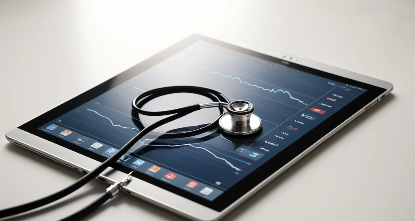 스케일링 - 치아 수명 연장을 위한 정기 검진 루틴 (concept of scaling, a professional medical stethoscope resting on a digital tablet displaying health data, no people)