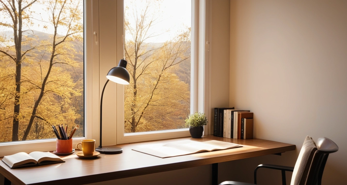 환절기 - 환절기 영양제 퀘르세틴의 성분 팩트체크 (concept of season change, a neatly organized modern study desk, warm desk lamp, no people)