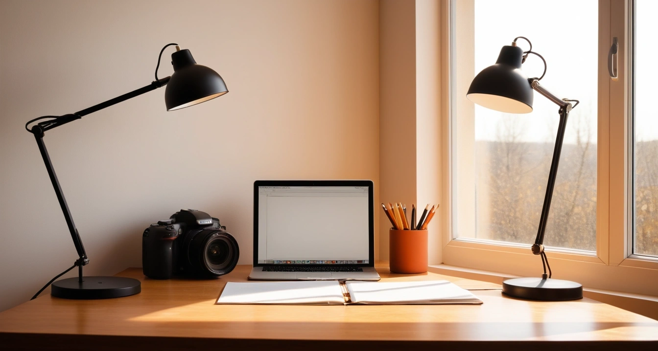 환절기 - 사무실 공기청정기 가동의 환경적 필요성 (concept of season change, a neatly organized modern study desk, warm desk lamp, no people)