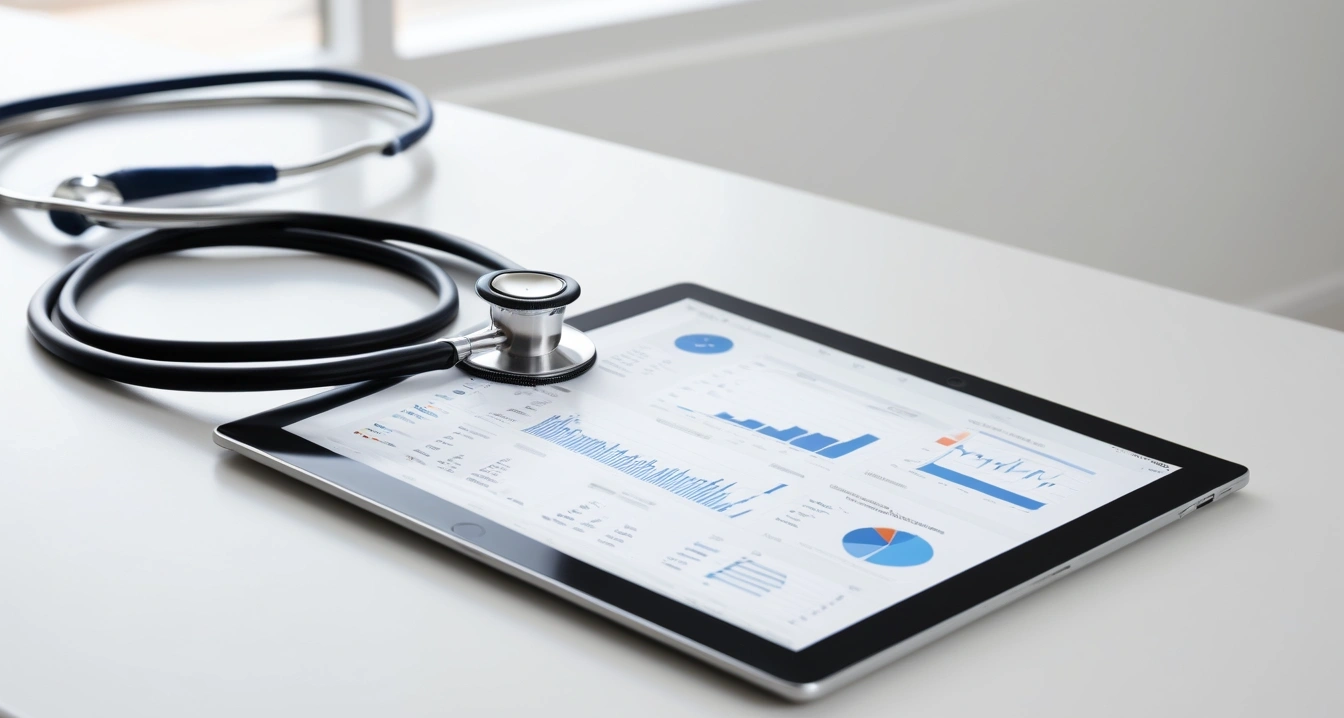 기미 - 공식 인증 화장품과 레이저 장비의 올바른 선택 기준 (concept of sign, a professional medical stethoscope resting on a digital tablet displaying health data, no people)